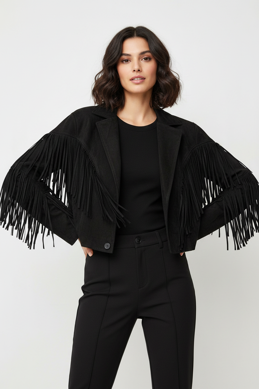 Chaqueta flecos negra en modelo